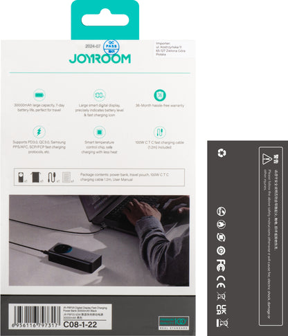 Joyroom Eksternt batteri JR-PBF05, 30000mAh, 65W, QC + PD, 1 x USB-A - 2 x USB-C, Sort 