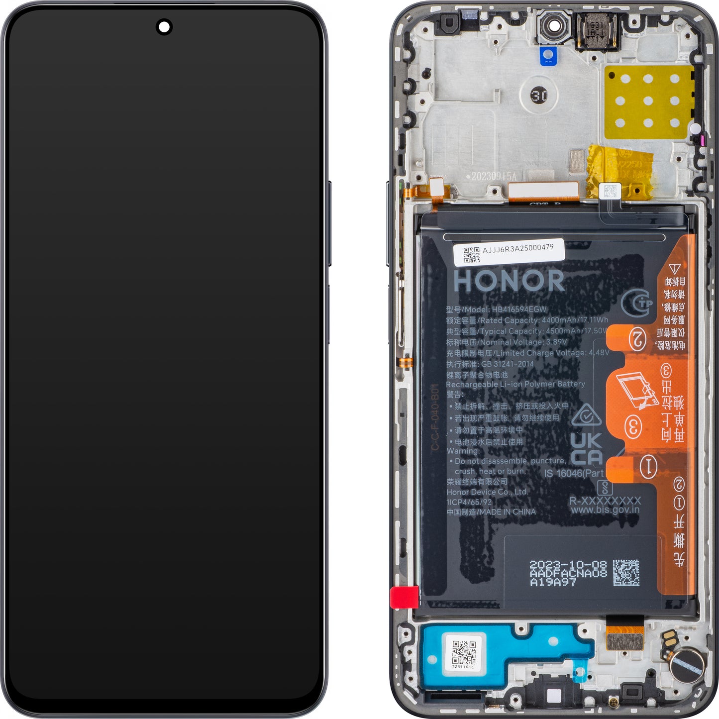 Skærm med touchscreen Honor 90 Lite / X8a, med ramme og batteri, sort (midnatssort), servicepakke 0235AEUH 