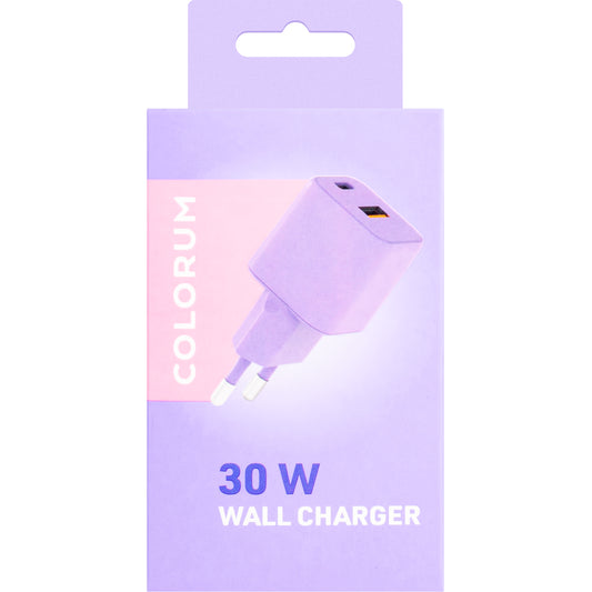 Netværksoplader Colourum CLS30-AC-09, 30W, 3A, 1 x USB-A - 1 x USB-C, Lilla 