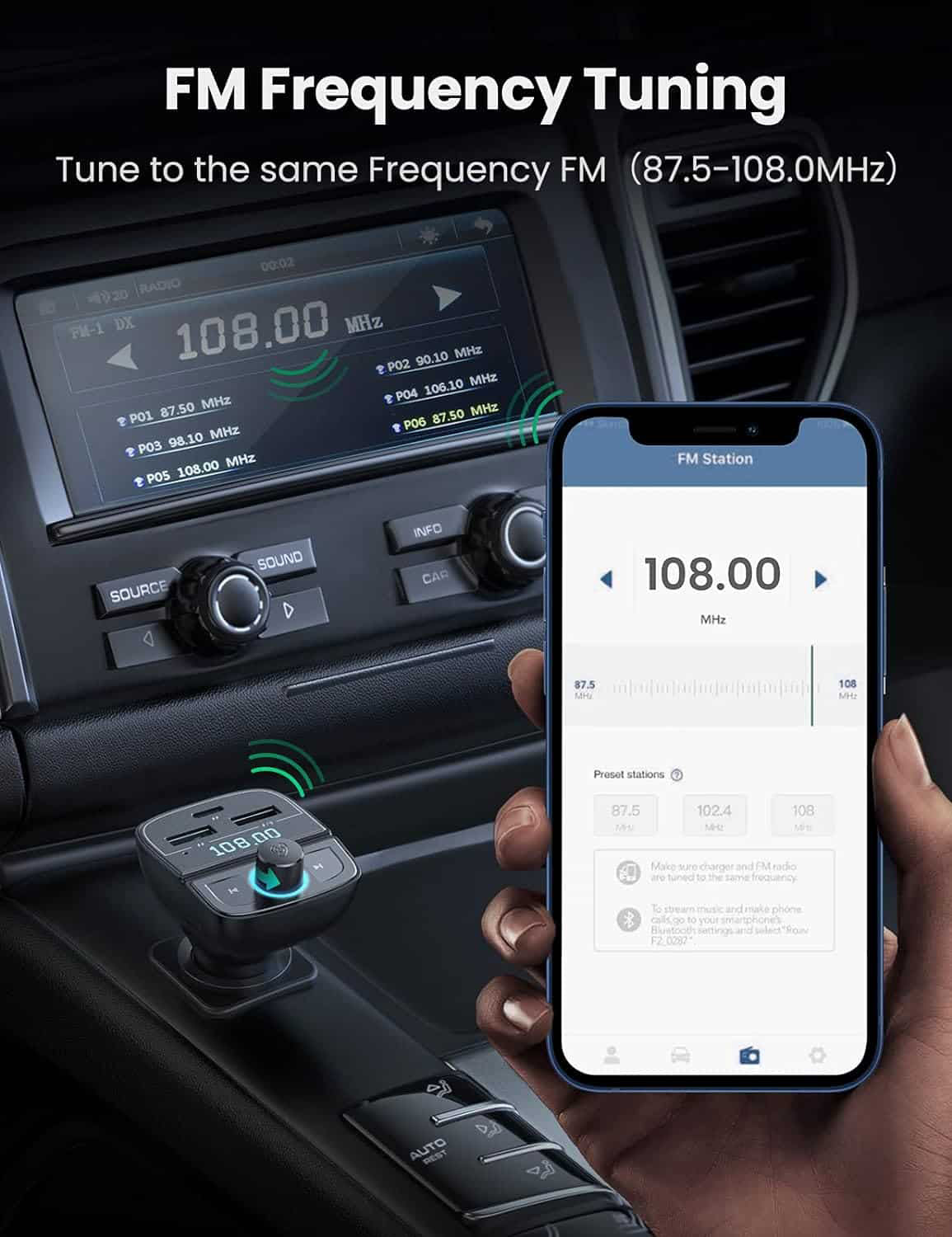Bluetooth FM-modulator UGREEN CD229, 2 x USB-A - 1 x USB-C - 1 x microSD
